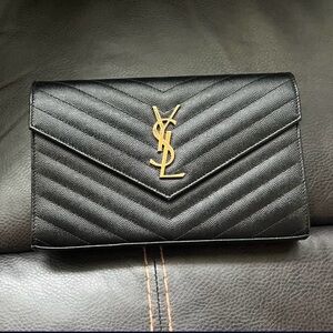 Yves Saint Laurent Black Quilted Leather Wallet on a chain